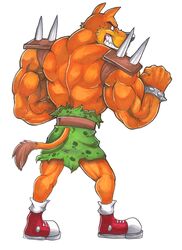  2012 activision anthro armor arody belt better_version_at_source biceps big_muscles black_nose bottomwear bracelet brown_body brown_fur clothed clothing crash_(series) fangs felid flexing footwear fur hi_res jewelry male mammal muscular orange_body orange_fur pantherine pose shoes shorts simple_background sneakers solo spikes standing teeth tiger tiny_tiger topless white_background wristband 