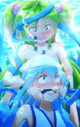  2girls air_bubble anger_vein angry bad_id bad_pixiv_id blue_eyes blue_hair blush bracelet bubble crossover green_hair hat ikamusume ink jewelry long_hair mermaid minamito monster_girl mouth_pull multiple_girls muromi-san namiuchigiwa_no_muromi-san necklace open_mouth red_eyes seashell shell shinryaku!_ikamusume tentacle tentacle_hair twintails underwater water 