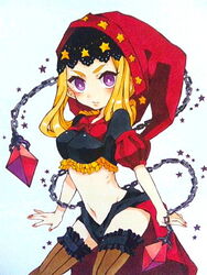  blonde_hair chains commentary_request female long_hair marker_(medium) midriff momokan_(mmkn100) odin_sphere purple_eyes traditional_media velvet_(odin_sphere) weapon 