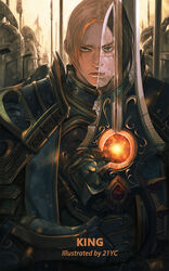  21yc_(september_breeze) 6+boys anduin_wrynn armor army blonde_hair blue_eyes closed_mouth commentary english_commentary full_armor helmet highres human_(warcraft) lips looking_at_viewer multiple_boys photoshop_(medium) polearm priest_(warcraft) scar scar_across_eye scar_on_cheek scar_on_face serious spear sword upper_body varian_wrynn warcraft weapon world_of_warcraft 