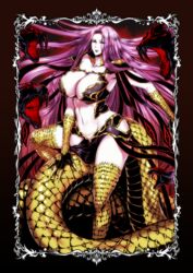  breasts cleavage commentary_request curvy fate/grand_order fate_(series) female gorgon_(fate) groin highres hip_vent huge_breasts joka_(hiwai) lips long_hair medusa_(fate) midriff navel open_mouth purple_eyes purple_hair scales skirt tail very_long_hair wide_hips 