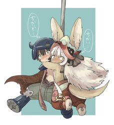  ambiguous_gender anthro blush brown_hair clothed clothing cybernetic_leg cybernetic_limb cybernetics cyborg daww duo hair headgear headwear hi_res human japanese_text kawasemi27 kemono lagomorph looking_back machine made_in_abyss male mammal nanachi narehate reg_(made_in_abyss) simple_background text translated white_hair yellow_eyes young young_ambiguous young_anthro young_human young_male 