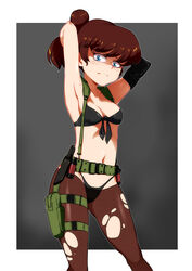  armpits arms_up blue_eyes breasts brown_hair commentary_request cosplay female freckles front-tie_top frown gloves high_ponytail highleg highleg_panties highres holster jcm2 knife lynn_loud metal_gear_(series) metal_gear_solid_v:_the_phantom_pain navel panties pantyhose quiet_(metal_gear) quiet_(metal_gear)_(cosplay) single_glove small_breasts solo the_loud_house torn_clothes torn_pantyhose underwear 