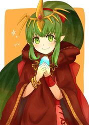  bad_id bad_twitter_id bracelet character_name cloak closed_mouth commentary_request female fire_emblem fire_emblem:_mystery_of_the_emblem fire_emblem_heroes green_eyes green_hair hair_ribbon hood hood_down jewelry long_hair orange_background otokajife pointy_ears ponytail red_ribbon ribbon simple_background smile solo stone tiara tiki_(fire_emblem) tiki_(young)_(fire_emblem) upper_body 