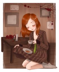  bandage blush bread candle closed_eyes cup curtsey diana_(rule_of_rose) drawing dress dress_lift feet female flower food kneeling no_shoes photo_(object) picture plate red_hair red_rose rose rule_of_rose silk socks spider_web table tea teacup 