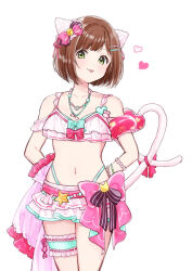  :p animal_ears bikini bikini_skirt bintaptyo blush bridal_garter brown_hair cat_ears cat_tail fake_animal_ears fake_tail female green_eyes heart heart_tail highres idolmaster idolmaster_cinderella_girls looking_at_viewer maekawa_miku navel short_hair smile solo swimsuit tail tongue tongue_out 