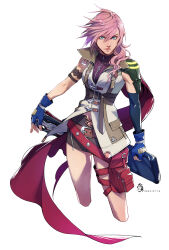  &eacute;clair_farron absurdres belt belt_buckle blue_eyes blue_gloves buckle closed_mouth commentary_request cropped_legs dated detached_sleeves female final_fantasy final_fantasy_xiii fingerless_gloves gloves hair_over_shoulder highres jacket long_hair looking_at_viewer midriff_peek miniskirt pink_hair ribbed_sweater shiyuu_(shiyu) single_detached_sleeve single_shoulder_pad skirt solo sweater turtleneck turtleneck_sweater white_background white_jacket zipper 