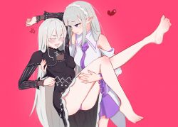  2girls absurdres angry babywipes bare_shoulders barefoot black_capelet black_dress blush braid breasts capelet carrying carrying_person closed_eyes colored_eyelashes covered_nipples crown_braid dress echidna_(re:zero) elf emilia_(re:zero) frilled_sleeves frills gem green_gemstone grey_hair hair_between_eyes hair_ornament heart highres long_hair long_sleeves looking_at_another medium_breasts monochrome_background multiple_girls open_mouth panties pantyshot pink_panties pointy_ears princess_carry purple_eyes re:zero_kara_hajimeru_isekai_seikatsu skirt smile striped_clothes striped_dress struggling underwear vertical-striped_clothes vertical-striped_dress white_hair wide_sleeves x_hair_ornament yuri 