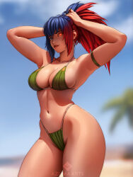  adjusting_hair armpits arms_up azuma_yasuo beach bikini blurry blurry_background breasts cleavage dark_persona earrings glowing glowing_eye highres jewelry leona_heidern midriff multicolored_hair navel orochi_leona smile string_bikini swimsuit the_king_of_fighters the_king_of_fighters_xv transformation triangle_earrings tying_hair 