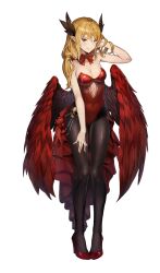  angel_wings armpit_crease black_pantyhose blonde_hair bow bowtie breasts brown_dust_2 brown_eyes cleavage closed_mouth clothing_cutout covered_navel demon_girl elise_(brown_dust_2) female full_body game_cg hair_between_eyes hand_on_own_head hand_on_own_thigh high_heels highleg highleg_leotard highres large_breasts leotard light_blush long_hair looking_at_viewer non-web_source official_art pantyhose pointy_ears red_bow red_bowtie red_footwear red_leotard red_wings simple_background skull_ornament smile solo stiletto_heels stomach_cutout transparent_background wings 