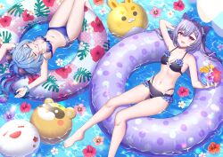  2girls :d absurdres ahoge arm_behind_head arms_up bikini black_bra black_panties blue_bikini blue_hair blue_panties boo_tao_(genshin_impact) bra bracelet breasts character_print cleavage closed_eyes commentary_request cone_hair_bun cup diamond-shaped_pupils diamond_(shape) drinking_straw english_text feet_out_of_frame flower food fruit furina_(genshin_impact) ganyu_(genshin_impact) genshin_impact guoba_(genshin_impact) hair_between_eyes hair_bun highres holding holding_cup innertube jewelry keqing_(genshin_impact) light_blue_hair light_blush long_hair looking_at_viewer medium_breasts midriff multiple_girls navel on_innertube orange_(fruit) orange_slice panties parted_lips pink_flower purple_hair red_eyes red_flower smile stomach swim_ring swimsuit symbol-shaped_pupils tateko25wiz teeth twintails underwear upper_teeth_only water white_flower yuegui_(genshin_impact) 