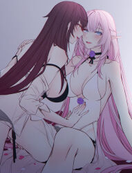  2girls bare_legs bare_shoulders bikini black_bikini black_panties blue_eyes breasts center_opening cleavage collarbone couple dress eden_(honkai_impact) elysia_(honkai_impact) elysia_(miss_pink_elf)_(honkai_impact) flower_neckwear grey_background hand_on_another&#039;s_back hand_on_another&#039;s_stomach highres honkai_(series) honkai_impact_3rd large_breasts long_hair looking_at_another multiple_girls panties parted_lips pink_hair sieka_(piiroinardesco) swimsuit thighs underwear white_dress yellow_eyes yuri 