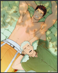  2boys abs arm_behind_head armpit_hair bara black_border black_hair border closed_eyes dappled_sunlight green_shirt halftone_texture hibino_kafka ichikawa_reno jewelry kaijuu_no._8 katto8452 leaf light_blush lying male_focus multiple_boys muscular muscular_male navel necklace nipples on_back open_mouth orange_pants paid_reward_available pants pectorals shirt short_hair short_sleeves sparse_navel_hair spiked_hair stone_walkway sunlight teeth topless_male tree_shade watch white_hair wristwatch 