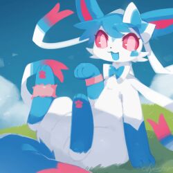  2023 3_fingers 3_toes :3 ambiguous_gender anthro biped blue_body blue_ears blue_fur blue_hair blue_tail bow_(feature) canid cheek_tuft cloud colored day detailed_background digital_media_(artwork) digital_painting_(artwork) ear_bow eeveelution facial_tuft featureless_crotch feet fingers full-length_portrait fur generation_6_pokemon gloves_(marking) grass hair kemono leg_markings legband looking_at_viewer mammal markings monotone_hair multicolored_body multicolored_ears multicolored_fur multicolored_tail nagasaki_wonderful_polyester nintendo no_sclera nude open_:3 open_mouth open_smile outside pawpads pink_eyes pink_inner_ear pink_pawpads pink_pupils pink_tail plant pokemon pokemon_(species) pokemorph portrait pupils ribbons semi-anthro shaded shiny_pokemon short_hair signature sitting sky smile socks_(marking) solo sylveon tail three-quarter_view toes tuft two_tone_body two_tone_ears two_tone_fur two_tone_tail white_body white_fur wristband 