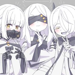  3girls :3 bandaged_arm bandages black_mask blindfold blue_archive blush coat colored_skin covered_eyes covered_navel dress ein_(blue_archive) extra_pupils grey_background hair_over_one_eye long_hair long_sleeves looking_at_viewer mask mechanical_hands medium_hair multiple_girls ohr_(blue_archive) open_mouth respirator short_hair simple_background smile sof_(blue_archive) symbol-shaped_pupils tkugane twintails v white_coat white_dress white_hair white_skin white_tongue x-shaped_pupils yellow_eyes 