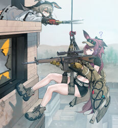  2girls ? absurdres animal_ear_fluff animal_ears arknights battle_rifle belt black_shirt black_shorts caper_(arknights) commission crop_top dress gloves grey_belt grey_footwear grey_hair grin gun h&amp;k_g3 highres holding holding_gun holding_weapon long_hair long_sleeves midriff multiple_girls mush navel outdoors purple_eyes purple_hair rabbit_ears ray_(arknights) red_eyes red_gloves rifle second-party_source shears shirt shoes short_shorts shorts smile sneakers sniper_rifle thighs visor_cap weapon white_dress 