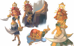  absurdres barefoot black_crop_top black_skirt blue_eyes blue_lips circlet crop_top dark-skinned_female dark_skin female highres holding holding_sword holding_weapon jewelry midriff multiple_views neck_ring pointy_ears red_hair riju scimitar short_hair skirt sword the_legend_of_zelda the_legend_of_zelda:_tears_of_the_kingdom weapon xinghen_az 