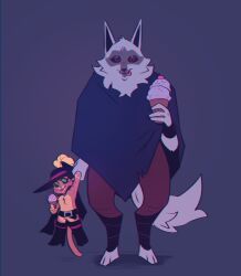  2boys :p belt black_cape black_footwear black_hat black_sclera boots cape cat_boy colored_sclera couple death_(puss_in_boots) english_commentary feline food full_body furry furry_male furry_with_furry green_eyes hat hat_feather holding holding_hands holding_ice_cream_cone ice_cream ice_cream_cone male_focus multiple_boys orange_cat pants poncho puss_in_boots puss_in_boots:_the_last_wish puss_in_boots_(shrek) red_eyes shrek_(series) standing tabby_cat tail tongue tongue_out wolf_boy yaoi yorn20779321 