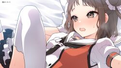  black_neckerchief blush brown_eyes brown_hair double_bun gloves hair_bun holding holding_pillow kantai_collection koruri lying naka_(kancolle) neckerchief on_back on_bed open_mouth orange_vest out-of-frame_censoring pillow puffy_short_sleeves puffy_sleeves sailor_collar school_uniform serafuku short_sleeves socks sweatdrop vest wavy_mouth white_background white_gloves white_sailor_collar white_socks 