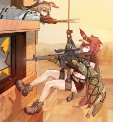  2girls absurdres animal_ear_fluff animal_ears arknights battle_rifle belt black_shirt black_shorts caper_(arknights) commission crop_top dress gloves grey_belt grey_footwear grey_hair grin gun h&amp;k_g3 highres holding holding_gun holding_weapon long_hair long_sleeves midriff multiple_girls mush navel outdoors purple_eyes purple_hair rabbit_ears ray_(arknights) red_eyes red_gloves rifle second-party_source shears shirt shoes short_shorts shorts smile sneakers sniper_rifle thighs visor_cap weapon white_dress 