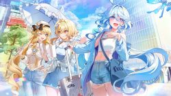  3girls alternate_costume bare_shoulders blonde_hair blue_dress blue_eyes cloud cloudy_sky dasha denim denim_shorts dress drop-shaped_pupils floating_hair furina_(genshin_impact) genshin_impact hair_between_eyes hand_on_own_hip highres holding holding_suitcase holding_umbrella long_hair long_sleeves looking_at_another lumine_(genshin_impact) midriff multiple_girls navia_(genshin_impact) one_eye_closed open_mouth outdoors pants shirt short_hair_with_long_locks shorts sky suitcase symbol-shaped_pupils umbrella white_hair white_shirt yellow_eyes 