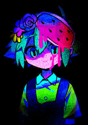  1boy antenna_hair basil_(headspace)_(omori) basil_(omori) black_background black_eyes blood blood_on_face buttons candy_gore collared_shirt despair dripping flower food fruit green_eyes green_hair grey_overalls hair_flower hair_ornament highres horror_(theme) looking_at_viewer male_focus menma_(enaic31) omori overalls pixelated shaded_face shirt short_hair simple_background solo watermelon 