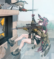  2girls absurdres animal_ear_fluff animal_ears arknights battle_rifle belt black_shirt black_shorts caper_(arknights) commission crop_top dress gloves grey_belt grey_footwear grey_hair grin gun h&amp;k_g3 highres holding holding_gun holding_weapon long_hair long_sleeves midriff multiple_girls mush navel outdoors purple_eyes purple_hair rabbit_ears ray_(arknights) red_eyes red_gloves rifle second-party_source shears shirt shoes short_shorts shorts smile sneakers sniper_rifle thighs visor_cap weapon white_dress 