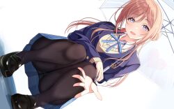  absurdres black_footwear black_pantyhose blue_coat blue_eyes blue_ribbon blue_skirt brown_hair cardigan coat commentary_request dutch_angle female gakuen_idolmaster hair_bun hatsuboshi_gakuen_school_uniform heart highres himesaki_rinami idolmaster long_sleeves looking_at_viewer neck_ribbon open_hand open_mouth outstretched_arm pantyhose pleated_skirt revision ribbon school_uniform shirt sikimosh simple_background single_hair_bun single_side_bun skirt smile solo squatting transparent transparent_umbrella umbrella upside-down white_background white_shirt yellow_cardigan 