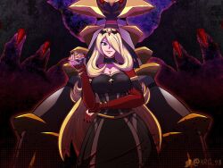  black_dress blonde_hair breasts cleavage cynthia_(pokemon) cynthia_(sygna_suit)_(renegade)_(pokemon) dress female giratina giratina_(altered) grey_eyes hair_over_one_eye highres holding holding_poke_ball looking_at_viewer luxury_ball nail_polish nrg_98 official_alternate_costume poke_ball pokemon pokemon_(creature) pokemon_masters_ex wings 