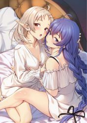  2girls ahoge bare_legs barefoot blue_eyes blue_hair blush braid breasts crossed_bangs dress elf from_above grabbing_another&#039;s_breast groping hair_between_eyes highres long_braid long_hair looking_at_viewer looking_back multiple_girls mushoku_tensei open_mouth pointy_ears red_eyes roxy_migurdia short_hair sitting small_breasts sylphiette_(mushoku_tensei) tenkuu_nozora toes twin_braids very_long_hair white_dress white_hair yuri 