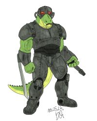  alligator alligatorid anthro armed armor bartek22 brown_moustache bubi_aligator cosplay crocodilian facial_hair fallout fist frank_horrigan_(fallout) green_body gun hi_res holding_object holding_weapon larger_male looking_at_viewer machine male melee_weapon microsoft moustache muscular muscular_anthro muscular_male power_armor ranged_weapon red_eyes reptile scalie size_difference solo sword tail vein veiny_muscles weapon wearing_helmet 