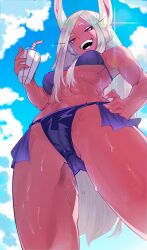  :d abs absurdres animal_ears bikini blue_sky boku_no_hero_academia breasts clauschristmas cloud cloudy_sky dark-skinned_female dark_skin drink drinking_straw english_commentary female from_below hair_between_breasts hand_on_own_hip highres holding holding_drink large_breasts long_eyelashes long_hair looking_at_viewer mirko navel open_mouth parted_bangs purple_bikini rabbit_ears rabbit_girl raised_eyebrow red_eyes sky smile solo stomach sunlight sweat swimsuit teeth thick_thighs thighs toned_female very_long_hair wet white_hair 