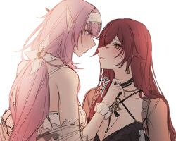  2girls bare_shoulders bikini black_bikini black_choker blue_eyes breasts choker cleavage collarbone couple earrings eden_(flowing_rhyme)_(honkai_impact) eden_(honkai_impact) elf elysia_(honkai_impact) elysia_(miss_pink_elf)_(honkai_impact) elysia_(summer_miss_elf)_(honkai_impact) hair_between_eyes headband honkai_(series) honkai_impact_3rd jewelry large_breasts long_hair looking_at_another multiple_girls parted_lips pink_hair pointy_ears red_hair see-through see-through_sleeves sieka_(piiroinardesco) swimsuit white_bikini white_headband yellow_eyes yuri 