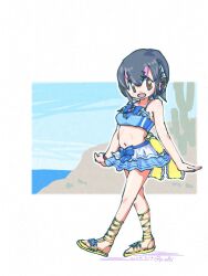  back_bow bare_shoulders bikini bikini_skirt black_hair blue_bikini blue_skirt bow bow_bikini brown_eyes female flower footwear_flower frilled_bow frills gladiator_sandals hair_between_eyes headphones humboldt_penguin_(kemono_friends) kemono_friends looking_at_viewer midriff multicolored_hair navel open_mouth p_alti penguin_girl penguin_tail pink_hair pleated_skirt sandals short_hair sidelocks skirt sleeveless solo spaghetti_strap swimsuit tail yellow_footwear 