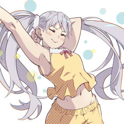  &gt;_&lt; arm_above_head arm_behind_head armpits arms_up blush bow breasts circle clenched_hands closed_mouth cowboy_shot female grey_hair groin halftone_texture hatanana_(ag6uptphhal3frd) highres long_hair messy_hair midriff midriff_peek monogatari_(series) navel oikura_sodachi owarimonogatari pajamas pants pink_bow scrunchie shirt shirt_bow skirt sleeveless sleeveless_shirt small_breasts smile solo stretching twintails very_long_hair white_background white_scrunchie yellow_pajamas yellow_pants yellow_skirt 