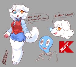  absurd_res anthro blasticussaturn bottomwear canid canine canis clothing collar domestic_dog female fur glowing glowing_nose hi_res kmart light_bulb logo mammal meme orange_eyes pawpads paws pencil_skirt skirt smile solo text topwear vest white_body white_fur 