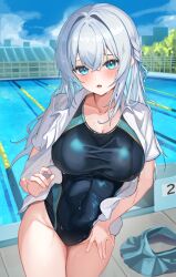  blue_eyes blush breasts competition_swimsuit female hand_on_own_thigh highres hitachi_sou large_breasts long_hair looking_at_viewer one-piece_swimsuit original outdoors pool poolside shirt solo swimsuit wet white_hair white_shirt 