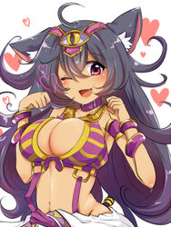  animal_ears bastet_(monster_strike) black_hair breasts cat_ears cat_tail cleavage commentary_request dark-skinned_female dark_skin female heart highres large_breasts long_hair midriff monster_strike navel negiko oerba_yun_fang one_eye_closed open_mouth red_eyes smile solo tail 