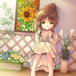  against_wall animal aoiya_soujirou bare_legs bare_shoulders barefoot blue_flower brown_hair calla_lily collarbone commentary_request daisy drawing_(object) dress feline female floral_print flower flower_pot highres idolmaster idolmaster_cinderella_girls long_dress mosaic_pattern on_floor photoshop_(medium) plant potted_plant red_flower short_hair sitting sleeveless smile solo stained_glass strap_slip sunflower takamori_aiko tareme updo white_flower wooden_floor yellow_eyes yellow_flower 