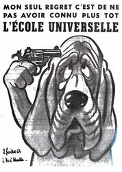  1964 20th_century 4_fingers absurd_res advertisement ancient_art black_nose bloodhound bodily_fluids bust_portrait canid canine canis crying domestic_dog fingers floppy_ears french_text front_view greyscale gun handgun hi_res humanoid_hands hunting_dog l&#039;os_a_moelle long_ears looking_up mammal monochrome open_mouth pierre_dac portrait ranged_weapon revolver sad scan scent_hound screw shaded signature simple_background snout solo suicide tears text traditional_media_(artwork) translated weapon white_background wrinkles 