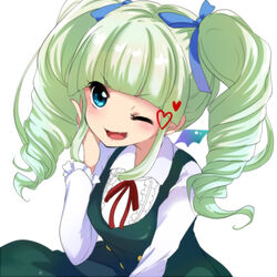  ;d aikatsu! aikatsu!_(series) blue_bow blue_eyes bow commentary_request drill_hair female green_hair hairbow hand_on_own_face heart long_sleeves negiko oerba_yun_fang one_eye_closed open_mouth red_ribbon ribbon short_hair smile solo todo_yurika twintails v-shaped_eyebrows 