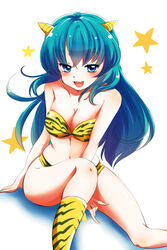  animal_print bikini blue_eyes blue_hair breasts cleavage commentary_request fangs female highres horns large_breasts long_hair lum negiko open_mouth smile solo swimsuit tiger_print urusei_yatsura 