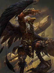  anthro armlet armor avian beak bell black_body black_feathers black_scales bottomwear bracers breastplate city city_background clawed_fingers claws clothed clothing digital_media_(artwork) digital_painting_(artwork) digitigrade ear_piercing ear_ring feathers feet garuda gold_(metal) gold_jewelry hair hi_res holding_object holding_weapon jewelry knee_pads loincloth male ming_qi muscular muscular_male open_mouth piercing ring_piercing scales scuted_feet scutes sharp_teeth solo staff talon_hands talons teeth teeth_showing toes tongue topless unconvincing_armor vein waist_accessory weapon white_hair wing_claws wings wood 