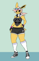  9:14 absurd_res anthro anthrofied bottomwear chuck_taylor_all_stars clothing cutie_mark eeveelution electronics eyewear female footwear friendship_is_magic generation_1_pokemon gloves hair halter_top hambor12 handwear hasbro headphones headphones_around_neck hi_res hotpants jolteon knee_highs knee_socks legwear multicolored_eyewear multicolored_sunglasses my_little_pony nintendo pink_hair pokemon pokemon_(species) pokemorph rainbow_dash_(mlp) shorts socks solo sunglasses two_tone_eyewear two_tone_sunglasses 