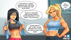  2girls beverly_(nortuet) black_hair black_sports_bra blonde_hair breasts closed_eyes crop_top english_text gym hands_on_own_hips highres medium_breasts midriff multiple_girls muscular muscular_female navel nortuet original ponytail sarah_(nortuet) speech_bubble sports_bra upper_body 