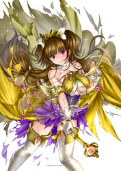  amanogawa_kirara artist_name boots breasts brown_hair closed_mouth comiket_93 cowboy_shot cure_twinkle cure_twinkle_(mode_elegant_shooting_star) dress earrings female gloves go!_princess_precure hair_ornament hair_scrunchie heart_wand jewelry large_breasts legs_apart long_hair looking_at_viewer magical_girl precure purple_eyes scrunchie simple_background smile solo standing star_(symbol) star_earrings thigh_boots thighhighs torn_clothes underboob white_background white_footwear white_gloves yamada_ichizoku yellow_scrunchie zettai_ryouiki 