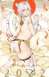  animal_costume animal_ears animal_hands animal_print anklet ass au11 bare_back blue_eyes breasts chinese_zodiac feet female happy_new_year highres jewelry large_breasts legs looking_at_viewer looking_back nengajou new_year no_bra no_shoes open_mouth original soles tail tiger_costume tiger_ears tiger_girl tiger_paws tiger_print tiger_tail toes white_hair year_of_the_tiger 