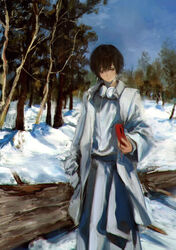  7ife absurdres androgynous bad_id bad_pixiv_id blue_sky breath brown_eyes brown_hair cellphone closed_mouth coat commentary day english_commentary fallen_tree female flip_phone headphones headphones_around_neck highres holding holding_phone long_sleeves original outdoors phone shirt shirt_tucked_in short_hair skirt sky snow solo tree white_coat white_shirt white_skirt 