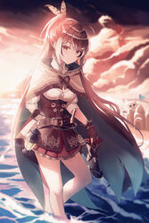  absurdres ahoge arm_behind_back bad_id bad_pixiv_id bare_legs beach belt blush boots brown_eyes brown_hair cape capelet chromatic_aberration cloak cloud cloudy_sky commentary corset dagger feathers female fingerless_gloves flag friend_(nanashi_mumei) gloves hair_ornament hieroglyphics highres hololive hololive_english knife lantern long_hair looking_at_viewer nanashi_mumei nanashi_mumei_(1st_costume) ocean ponytail pouch red_sky ribbon sand_castle sand_sculpture shirt sion_(im10042m) skirt sky smile sunlight sunset unworn_boots virtual_youtuber weapon white_shirt 