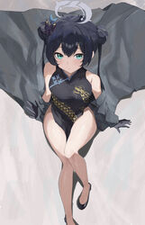  absurdres alternate_eye_color bare_legs bare_shoulders black_footwear black_gloves black_hair blue_archive butterfly_hair_ornament china_dress chinese_clothes coat commentary double_bun dragon_print dress female from_above gloves green_eyes hair_bun hair_ornament halo higashiwun_izumi highres kisaki_(blue_archive) long_hair looking_at_viewer looking_up off_shoulder pelvic_curtain print_dress shoes side_slit sitting solo thighs trench_coat twintails 